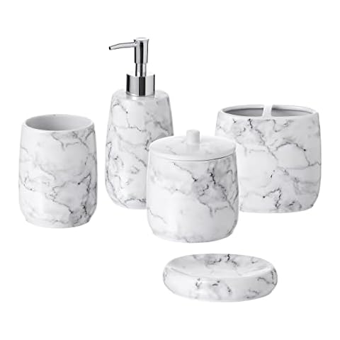 Motifeur Bathroom Accessories Set, 5-Piece Ceramic Bath Accessory Complete Set with Lotion Dispenser/Soap Pump, Cotton Jar, Soap Dish, Tumbler and Toothbrush Holder (Marble Look) Cover