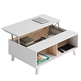 Miroytengo Mesa de Centro Zaiken Elevable en Melamina Color Blanco y Roble Mueble Estilo Nórdico de Salón 100x38x68 cm