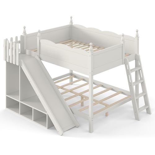 Image of Bellemave Bunk beds Full Over Full with Slide and Stair, Low bunk /loft Bed for Kids,Beige