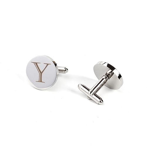 Image of Mens Initial Silver Cufflinks A-Z Alphabet Letter Steel Cuff Links with Engraved Walnut Wood Box Groom Groomsman Wedding Set
