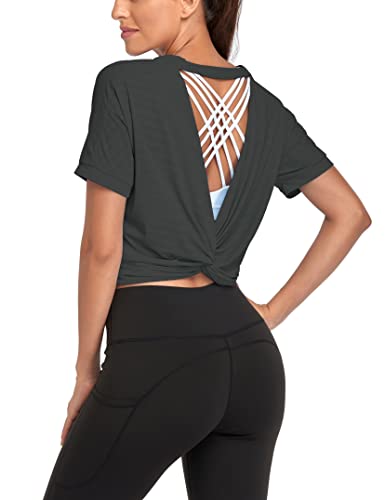 Haut de Sport à Manches Courtes pour Femme Dos Ouvert Coupe Ample pour Yoga Gym Sport (M, Gris) Cover