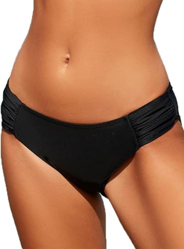 Womens Low Rise Black Bikini Bottoms Full Coverage Ruched Sides Swimsuits Swimwear Bathing Suit BottomBlack S