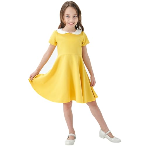 Girls Short Sleeve Uniform Dresses Casual Peter Pan Collar Fit and Flare Skater Dress 2-12 Years