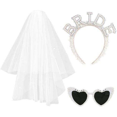 Araluky Pearl Headband + Wedding Veil + Bride Sunglasses Set, Bride Veil Heart Sunglasses for Bachelorette Party Decorations Bridal Shower Gifts