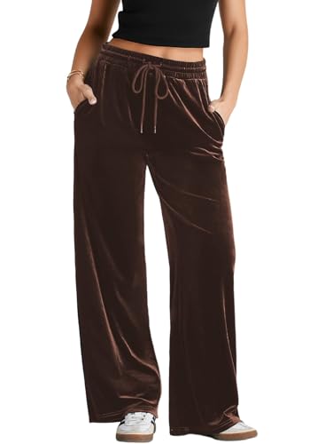 Herseas Women's Velvet Pants Drawstring Waist Wide Leg Casual Lounge Pant