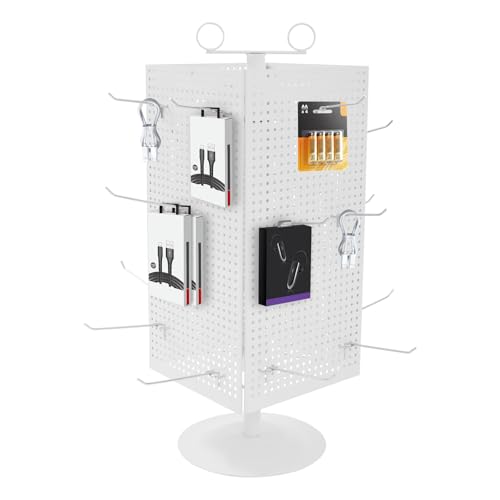 Rotating Peg Board Display Stand with 20 Hooks, 4-Sided Pegboard Spinner Organizer for Retail Vendors, Revolving Countertop Retail Display Racks
