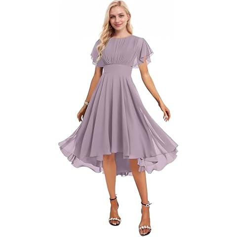 Faxpox Women's Short Sleeve Bridesmaid Dresses 2025 Asymmetrical Chiffon Scoop Short Prom Dress Formal Party Gowns with Ruffles Wisteria US Size 02 Cover