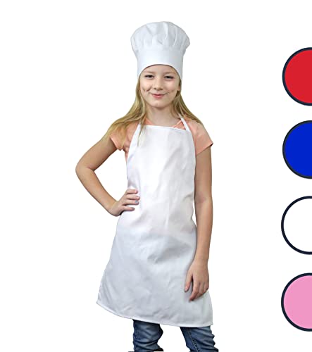 Odelia Tessa's Kitchen Kids - Child's Chef Hat Apron Set, Kid's Size, Children's Kitchen Cooking and Real Baking Wear Kit for Those Chefs in Training, Boys or Girls (M 6-12 Year, White)
