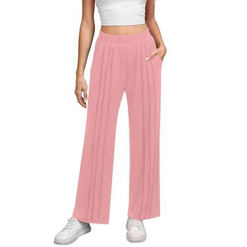 Womens Wide Leg Pants Elastic High Waist Loose Casual Trousers Fashion Pleated Pants with Pockets Solid Color2