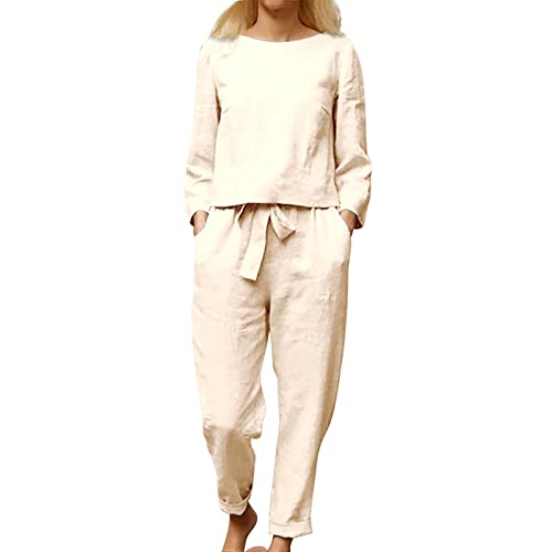 JOFOW Women Cotton Li NEN Suit Fashion Comfortable Short Sleeve and Long Pants Solid Color