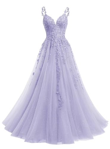 Beyonddress Robes de soirée en tulle pailleté, longue robe de bal, appliques, col en V, robe de bal pour femme, robes de fête, Lavande, 34