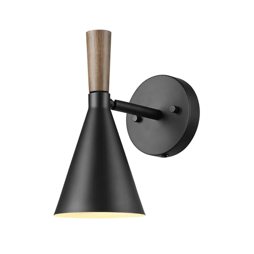 Image of Globe Electric Plug-in or Hardwire Wall Sconce, Matte Black, Wood-Tone Switch, Metal Shade, 6-Foot Cord, 65000101