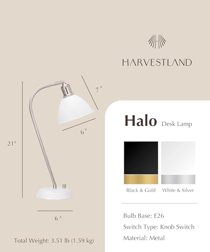 Image of HarvestLand Halo Desk Lamp, Reading Lamp for Home Office, White | 345 adjustable pharmacy-style lamp with solid base for nightstand, reading, and bedroom decor.
