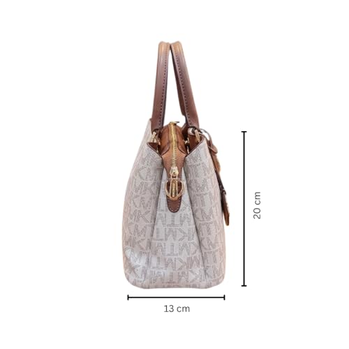 Image of Monogram Printed Women's Handbag with Brown Handles and Cute Flower Keychain Charm, Stylish Satchel Tote Purse for Girls and Women