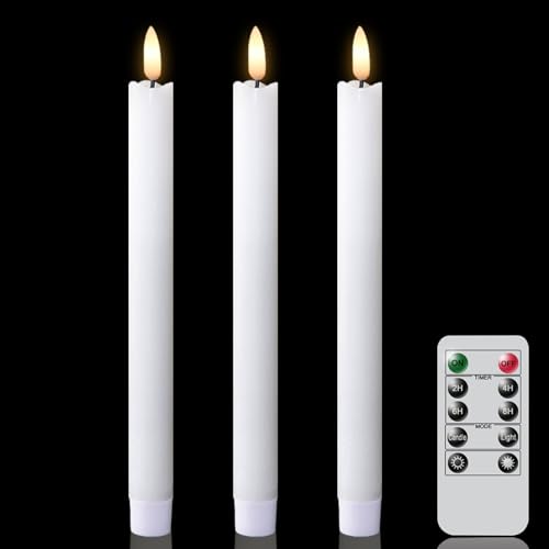 Image of Taper Candles Battery Operated, Flameless Taper Candles with Remote Timer, White Real Wax LED Flameless Candlesticks for Christmas Home Decor(Set of 3, 0.78 inch x 9.65 inch)