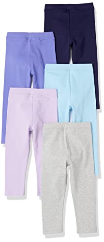 image for Amazon Essentials Girls' Leggings, Pack of 5, Aqua Blue/Grey/Lilac/Nav