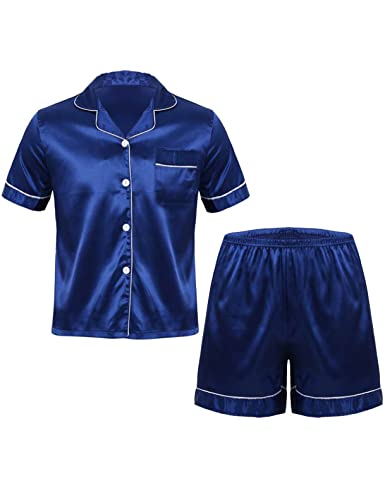 renvena Pijama corto de satén para hombre, dos piezas, de manga corta, con pantalones cortos, para verano, ropa de dormir, azul cobalto, XL