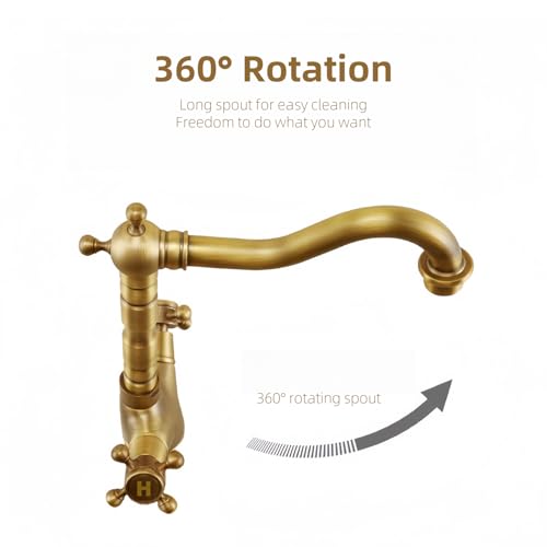 KOPYFANTAP Robinet de Lavabo en Laiton Antique, Robinet Cuisine Laiton Rétro à Double Poignée, Rotatif à 360° Mitigeur en Bronze de Salle de Bain Chaud et Froid – Image 4