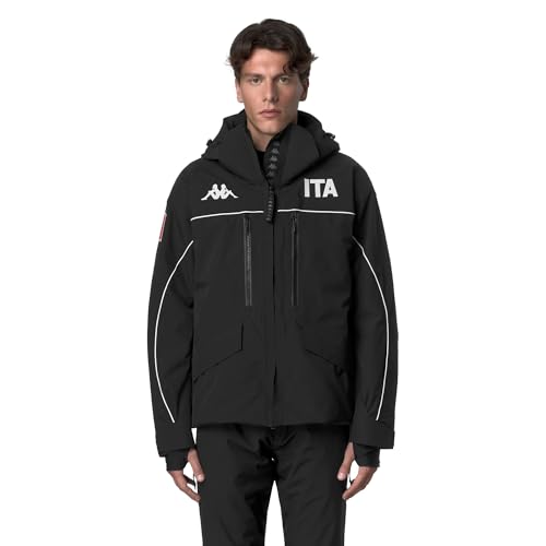 Giacca imbottita da uomo realizzata in tessuto stretch meccanico con tecnologia WATER PROTECTION, CLIMA PROTECTION, WATERPROOF PROTECTION 20000 mm H2O, BREATHABILITY 20000gr/m2/24h, con trattamento idrorepellente PFC-Free, imbottitura Thermolite 180gr, KAPPA SKI SYSTEM TECHNOLOGY