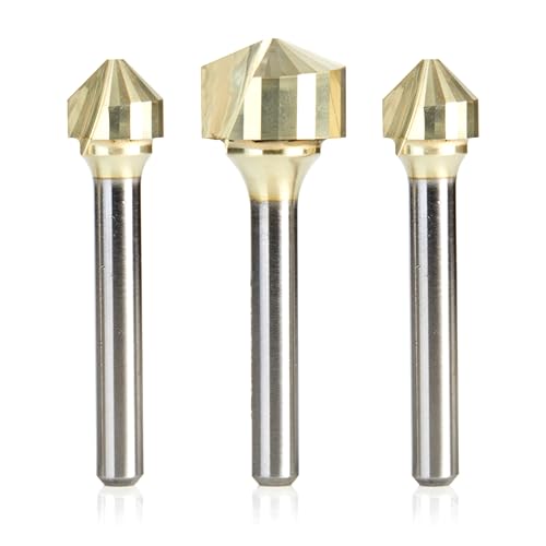 Image of Amana Tool AMS-218 3-Pc Carbide V-Groove 90 108 and 135 Deg. Folding Double Edge for Composite Material (TCM CCM ACM) Panels 1 /4 Inch SHK ZrN Coated Router Bit Pack