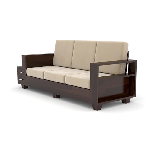 Image of Sheesham Wooden 3 Seater Sofa for Living Room | Solid Wood Sofa with Side Box Storage & Cushion | Rosewood Sofa Set for Home & Office | Lounge (Walnut, 3 Seater)