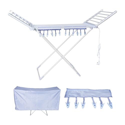 HOUSZY Electric Heated Clothes Drying Rack with Cover & Hooks – Folding Indoor Dryer Airer, 230W, 12 Pegs, Portable Aluminium Laundry Drying Stand