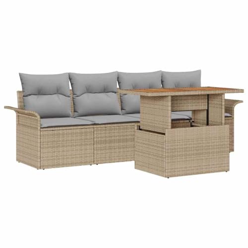 vidaXL Conjunto de sofás de jardín con cojín 5 pcs Beige y Gris Claro, Jardín y Terraza, Sofá de Rattan Moderno y Cómodo, Mesa de Acacia, Diseño Resistente a UV