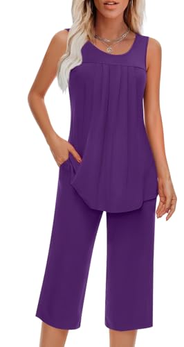 Image of Findsweet Women Pajamas Sets Loungewear Soft Sleepwear Two Piece Summer Sleeveless Pjs Tank Top Pants with Pocket S-4XL
