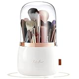 PAIKIUU Makeup Brush Holder Organizer with Lid, 360 Degree Rotation, 7 Compartments, and Anti-slip Base - Makeup Brush Organizer with Cover for Vanity Countertop (Pearl White)