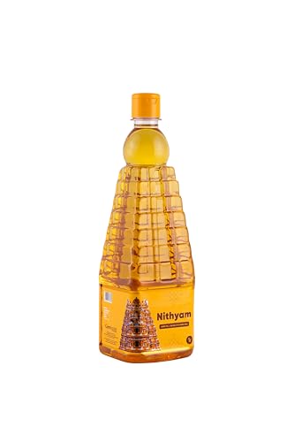 Image of Gem's Gold smoke less Nithyam Puja Oil Infused with subtle temple-inspired fragrances 1 Litre | Long Lasting Deepam Oil for Diya, Lamp, Arti, Havan & Pooja | Spiritual Non-Edible Oil for Daily Rituals & Festivals