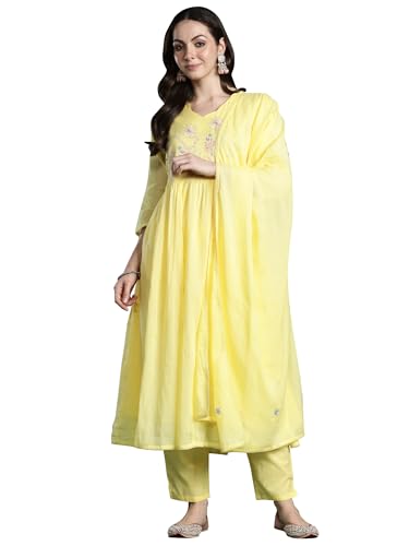 Image of INDO ERA Women's Pure Cotton Embroidered Thread Work Kurta & Pant with Dupatta Set (IEAI13046)
