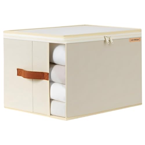 Image of JD FRESH 1 Pcs 30 Liters Foldable Cloth Organizer with Transparent Window /Multipurpose Storage Box with Handles /Almirah Organizer /Wardrobe Organisers for Clothes /Sarees /Bedsheets -Beige