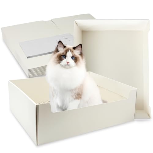 Seuqhck 8 Pack White Disposable Litter Boxes for Cats, 14.8 Inch Foldable Paper Kitty Tray with Scoop, Waterproof Cardboard Travel Litter Box for Cats Small Pets - Low Entry