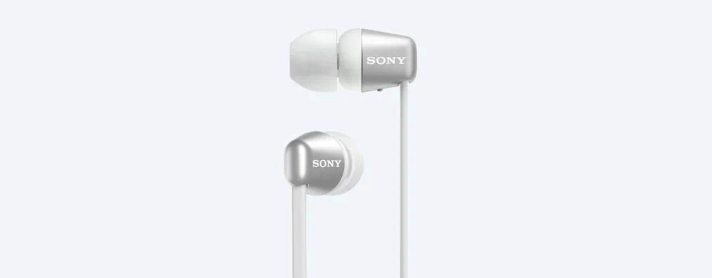 Sony Écouteurs intra-auriculaires sans fil Wi-C310, 15 heures d'autonomie, assistant vocal, écouteurs magnétiques, design derrière le cou, fonction casque intégrée, casque avec microphone, blanc