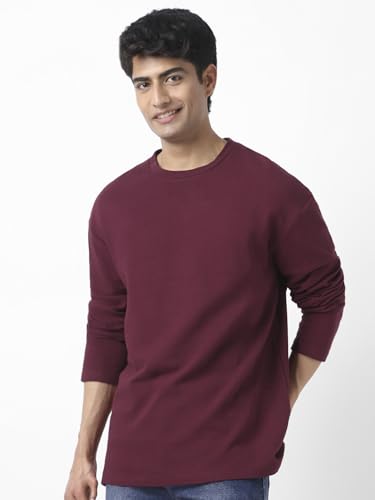 Image of Urbano Fashion Men's Textured Round Neck Oversized Full Sleeve Cotton T-Shirt