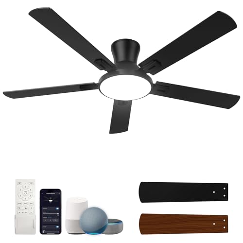 52 Inch Ceiling Fans with Lights and Remote, Smart Ceiling Fan Works with Alexa, Flush Mount Low Profile Ceiling Fan with Light for Bedroom Living Room, Quiet Reversible DC Motor, 3CCT Dimmable LED