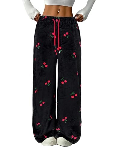 Image of ZAFUL Women's Fuzzy Plush Pajama Pants Wide Leg Pj Bottoms Lounge Pants