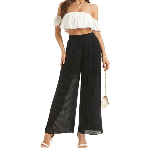 Women's Wide Leg Dress Pant High Waist Casual Flowy Boho Trousers Pleated Chiffon Elastic Waist Pants with Pocket3