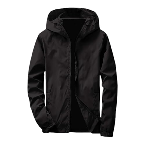 Generisch Regenjacke Herren Leicht Faltbar Softshelljacke mit Kapuze Dünne Arbeitsjacke Winddicht Wasserdicht Atmungsaktiv Übergangsjacke Große Größen Sport Winddicht Outdoorjacke (Black, XL)