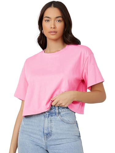 Image of KOTTY Women's Solid Cotton Blend Oversized Crop T-Shirt | Casual Summer Tee