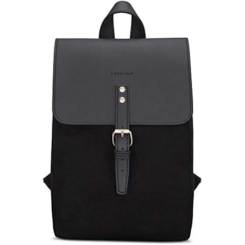 Small Backpack Womens Black - Expatrié Anna Mini Daypack Women from Cotton Canvas & Vegan Leather - Modern Ladies Backpacks - Vintage Rucksack for Leisure & Travel - with Magnetic Clasp Cover