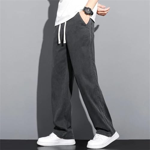 Men's Loose Jeans Summer Thin Denim Pants Wide Leg Straight Elastic Waist Drawstring Trousers3