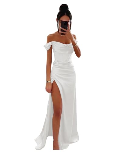 Off The Shoulder Prom Dresses for Women Satin Corset Bridesmaid Dress Long Mermaid Formal Gown with Slit
