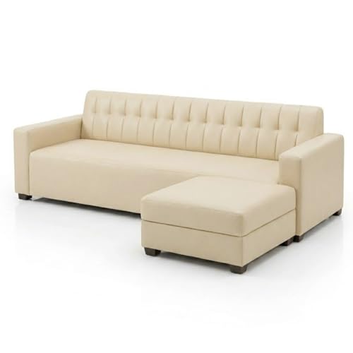 Image of FURNY Luxe 4 Seater L Shape Sofa Set with Movable Ottoman | Flexible Left or Right Layout | Premium Leatherette Upholstery (Cream) | Perfect for Living Room, Guest Room & Office