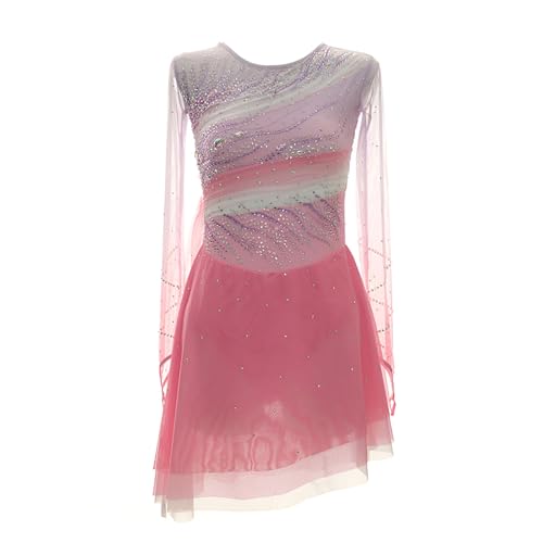 Kmarouse Women's Figure Skating Dress with Rhinestone Decoration, Girl's High Elasticity Skating Wear for Competition(X-Small) Pink