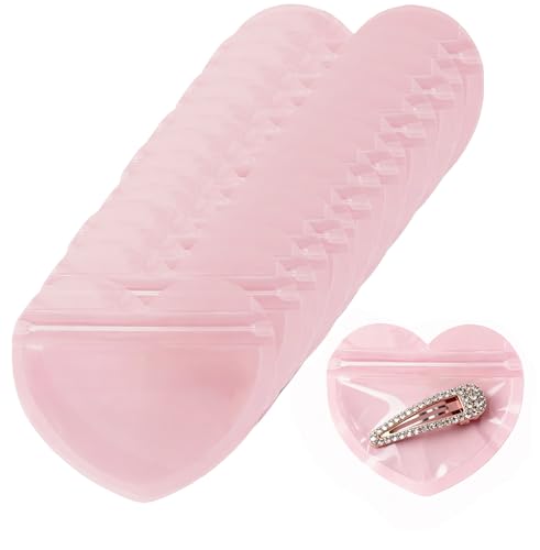 MITOB 100 Pack 3.35 x 3.94 inch Small Packets Pink Heart Shaped Transparent Reusable Resealable Bags Cute Jewelry Packaging for Homemade Earring Bracelets Candy Snack Party Favor Wedding Goodies