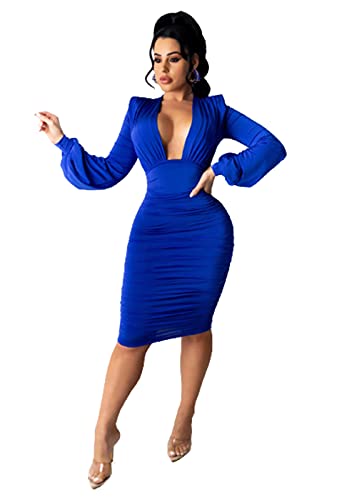 Ekaliy Women Sexy Retro Bodycon Ruched Mini Club Dress Long Sleeve Basic Casual Dresses Royal Blue XL