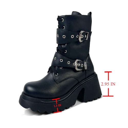 Image of FOREADA Goth Boots Chunky Heel Boot For Women Ankle Combat Booties Black Platform Bootie Buckle Rivets Punk Goth Shoes With Zipper