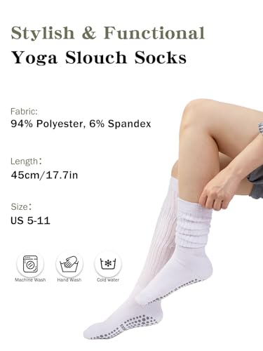 Pilates Socks with Grips for Women, Yoga Slouch Socks, Non Silp Scrunch Slipper Long Sock for Hospital Barre Workout4