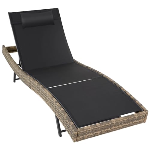 TecTake® Tumbona Jardín Exterior de Ratán y Acero, Forma Curva, Tumbona de Piscina con Cojín y Respaldo Regulable en 5 Posiciones, Tumbona Playa Resistente a Intemperie, Fácil Limpieza - Natural